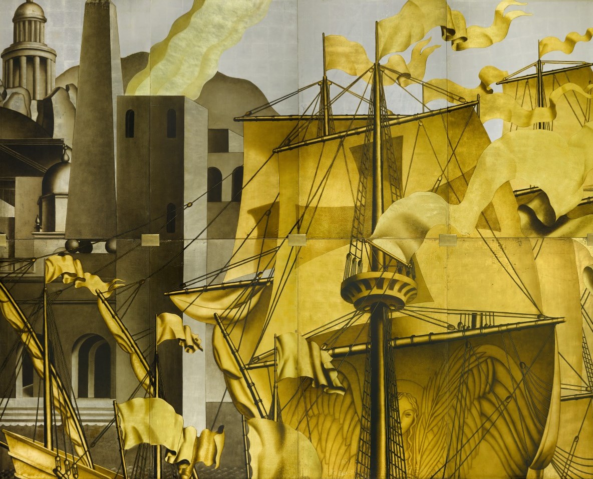 Jean-Théodore Dupas, Eight Panels from The Birth of Aphrodite mural from the S.S. Normandie. Circa 1934, verre églomisé, 98 inches by 121⅝ inches. Estimate in the region of $1 million